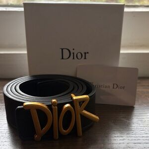 Dior Men's Black Belt with Gold Dior Logo